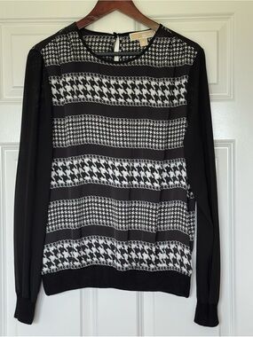 Michael Kors Black and White Houndstooth Stripe Crewneck Top